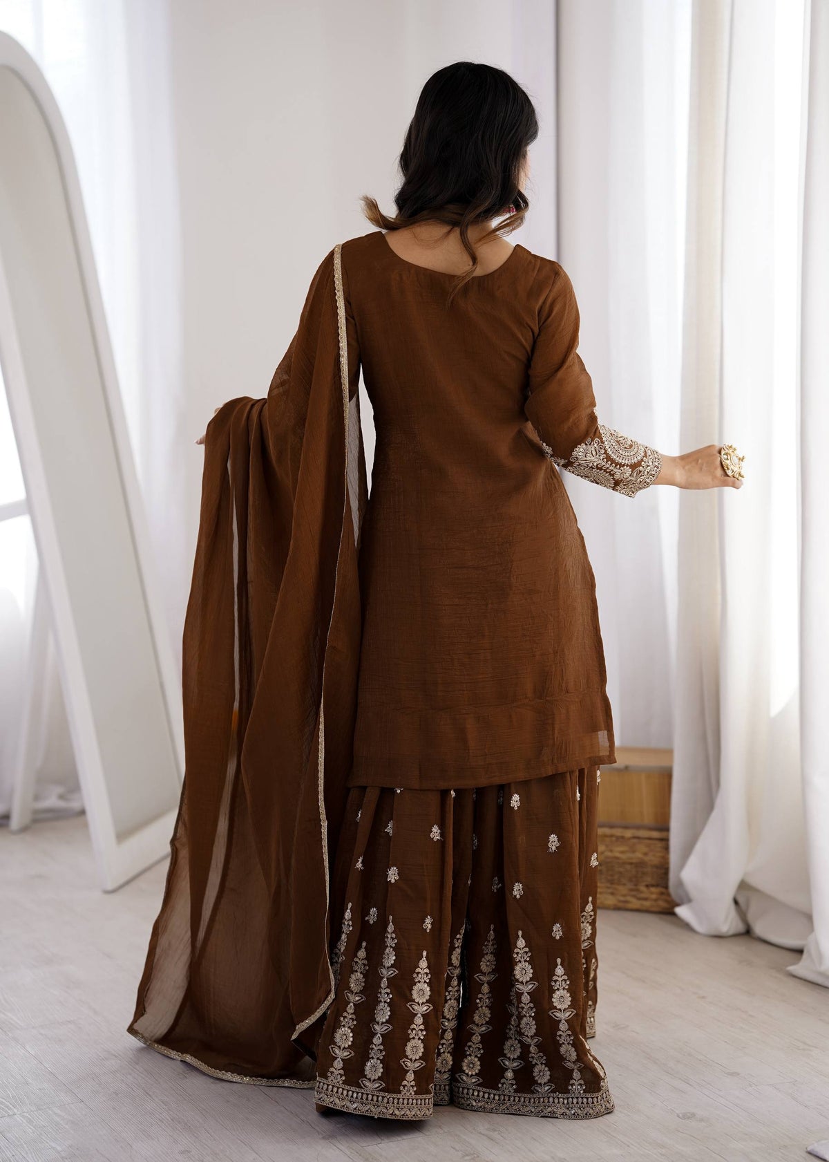 Heavy Embroidered Crunchy Silk Sharara Suit Set with Dupatta | Brown Festive Party Wear Ethnic Outfit