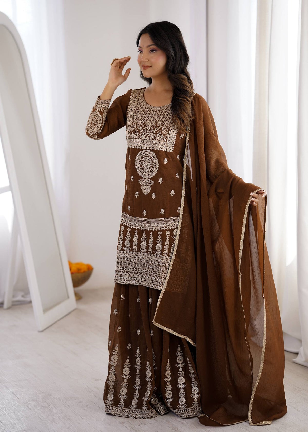Heavy Embroidered Crunchy Silk Sharara Suit Set with Dupatta | Brown Festive Party Wear Ethnic Outfit