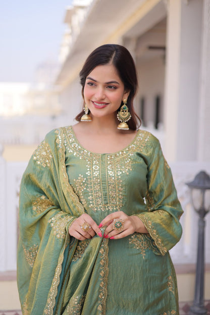 Women’s Fendi Crush Silk Embroidered Sharara Suit Set with Dupatta | Zari Sequin Work Festive & Wedding Wear