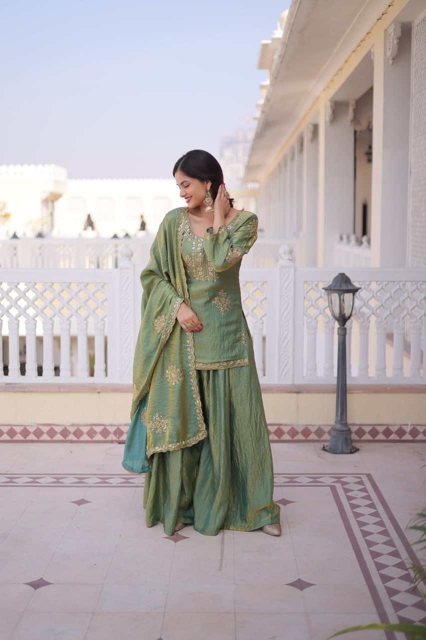 Women’s Fendi Crush Silk Embroidered Sharara Suit Set with Dupatta | Zari Sequin Work Festive & Wedding Wear