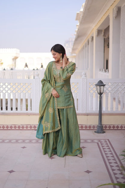 Women’s Fendi Crush Silk Embroidered Sharara Suit Set with Dupatta | Zari Sequin Work Festive & Wedding Wear