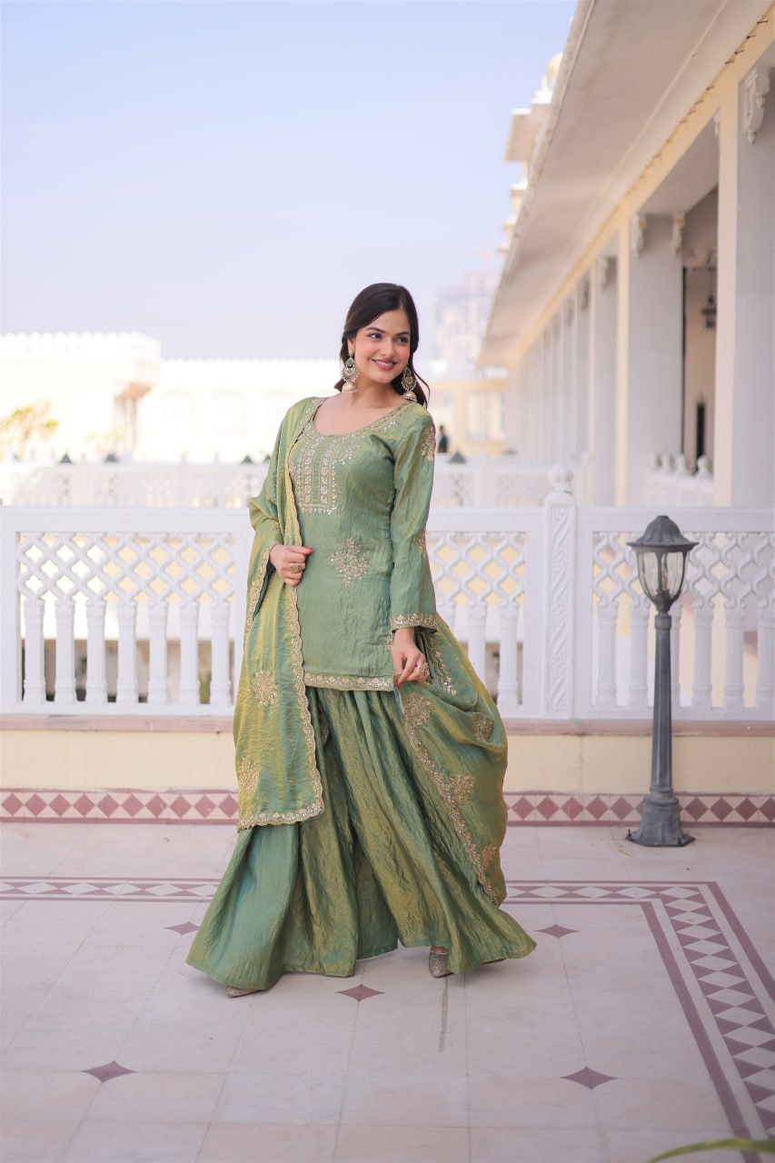 Women’s Fendi Crush Silk Embroidered Sharara Suit Set with Dupatta | Zari Sequin Work Festive & Wedding Wear
