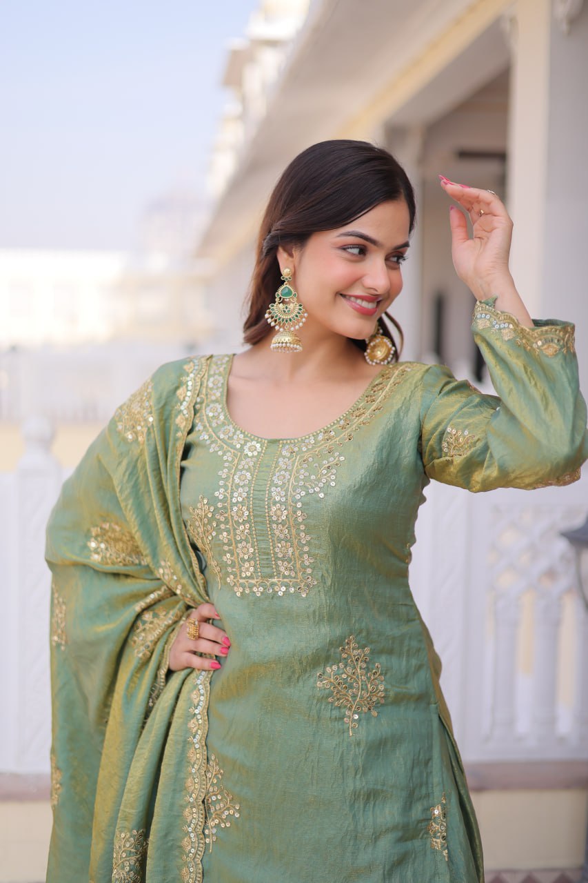 Women’s Fendi Crush Silk Embroidered Sharara Suit Set with Dupatta | Zari Sequin Work Festive & Wedding Wear