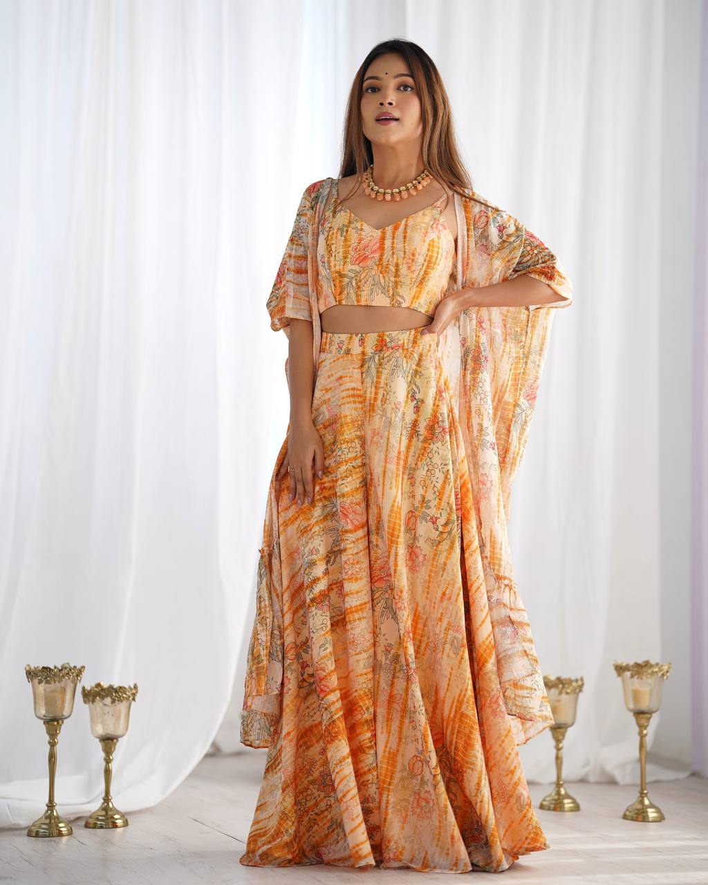 Women’s Printed Georgette Indo Western 3 Piece Set with Shrug, Crop Top Blouse and Palazzo | Floral Party Wear Outfit