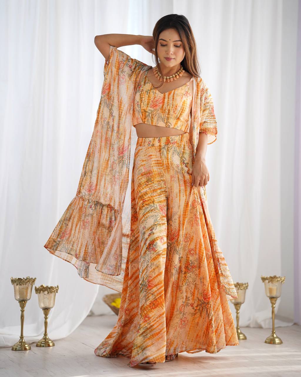 Women’s Printed Georgette Indo Western 3 Piece Set with Shrug, Crop Top Blouse and Palazzo | Floral Party Wear Outfit