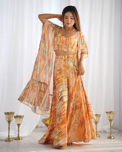 Women’s Printed Georgette Indo Western 3 Piece Set with Shrug, Crop Top Blouse and Palazzo | Floral Party Wear Outfit