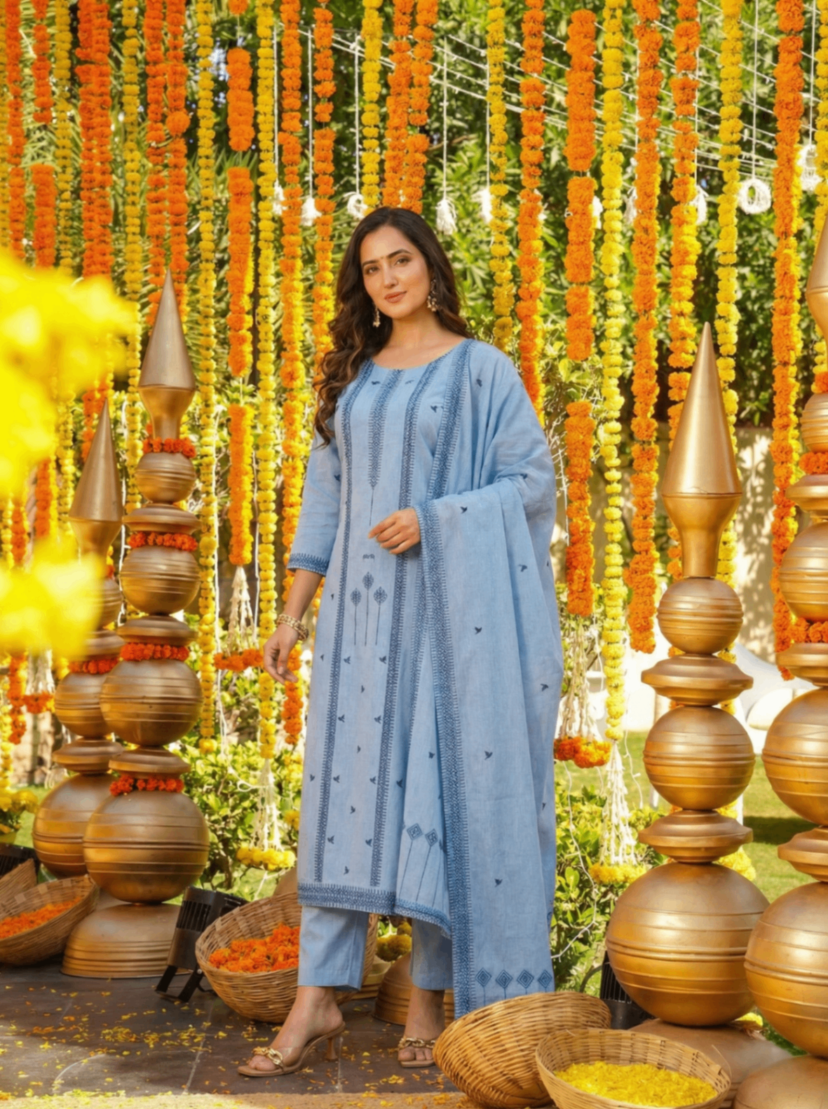 Blue Embroidered Cotton Straight Kurta Set with Dupatta