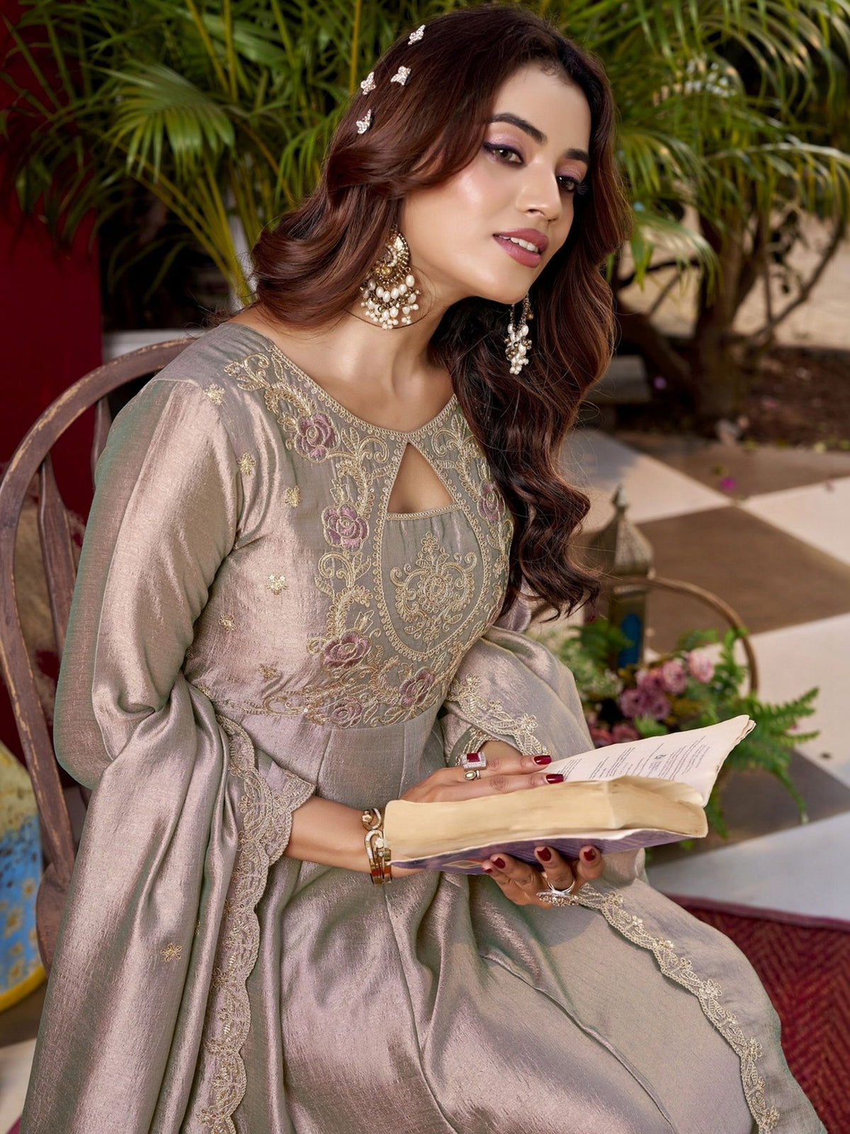 Metallic Taupe Embroidered Anarkali Kurta Set with Scalloped Dupatta