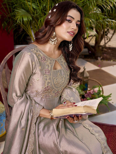 Metallic Taupe Embroidered Anarkali Kurta Set with Scalloped Dupatta