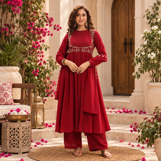 Women’s Embroidered Anarkali Kurta with Palazzo Set