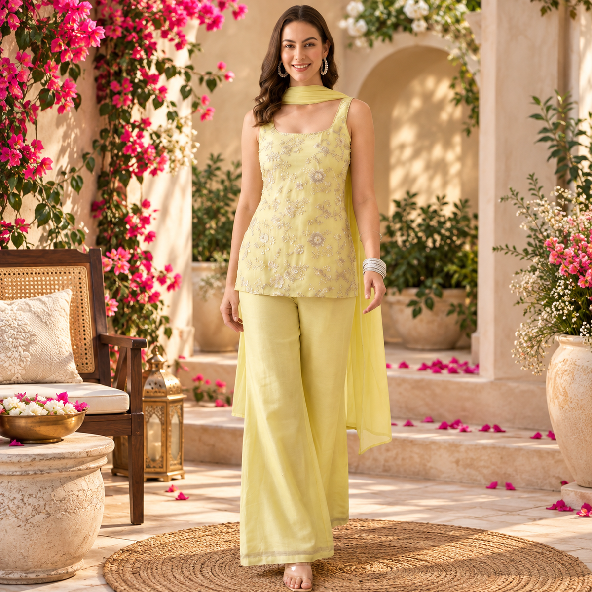 Women's Sleeveless Kurti with Wide-Leg Pants & Dupatta Set