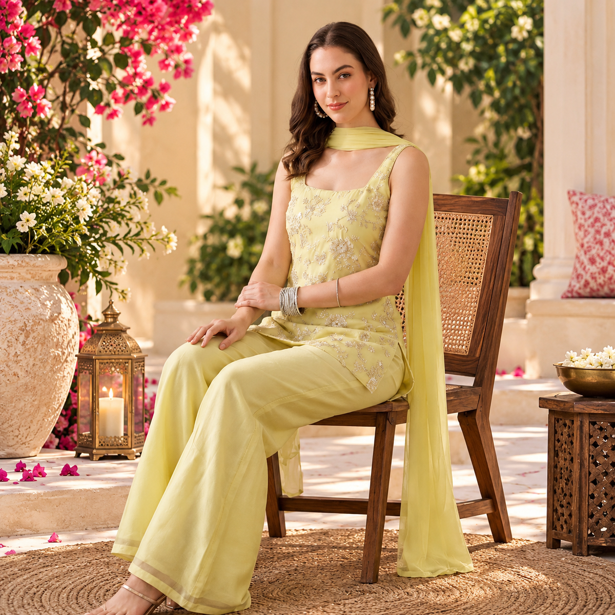 Women's Sleeveless Kurti with Wide-Leg Pants & Dupatta Set