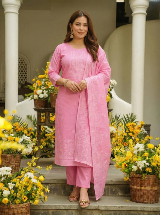 Pink Kantha Work / Chikankari Straight Kurta Set with Dupatta