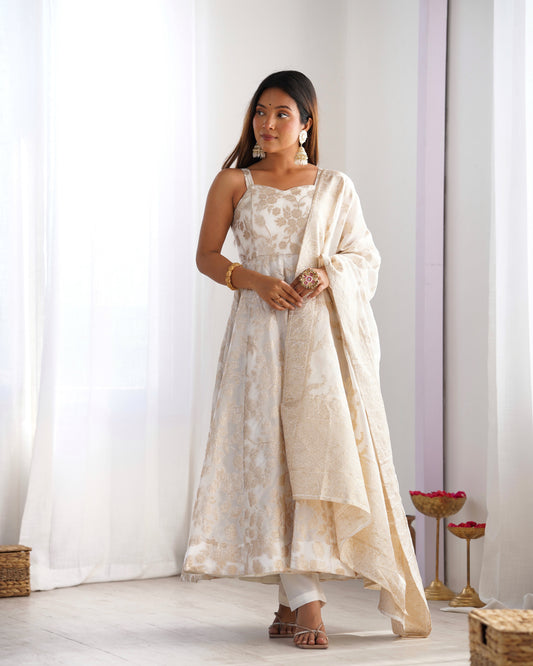 Women's Banarasi Jacquard Dola Silk Anarkali Gown Set with Pant & Dupatta