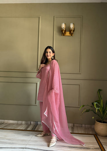 Women’s Crunchy Silk Farshi Salwar Suit Set with Swarovski Work & Dupatta