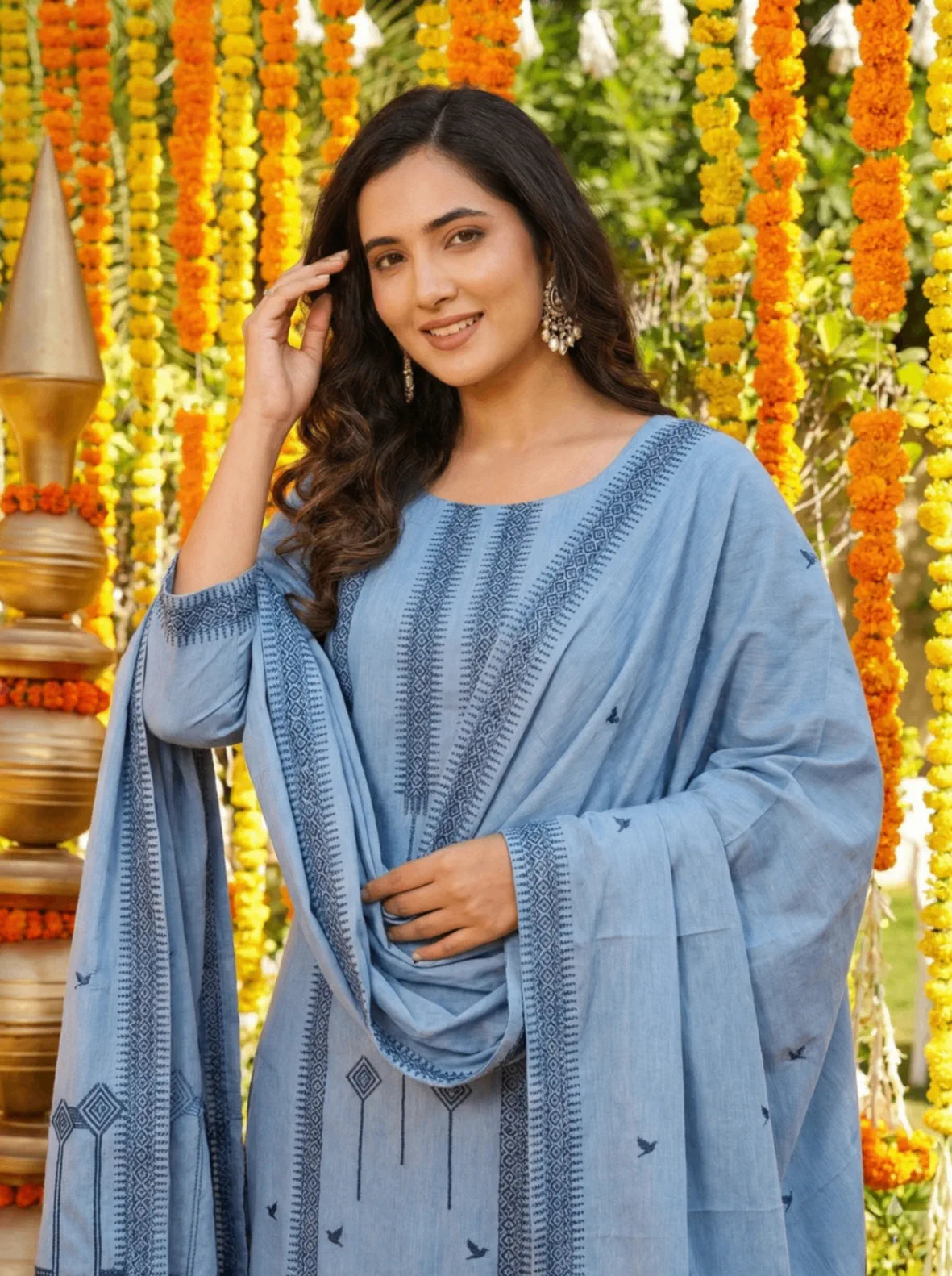 Blue Embroidered Cotton Straight Kurta Set with Dupatta