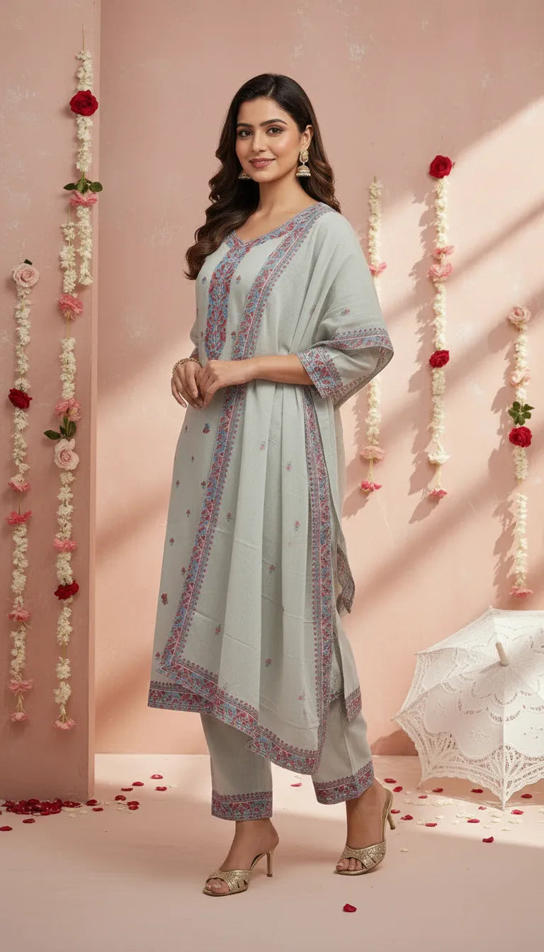 Kashmiri Embroidered Straight Kurta Set with Dupatta