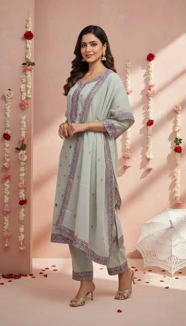 Kashmiri Embroidered Straight Kurta Set with Dupatta