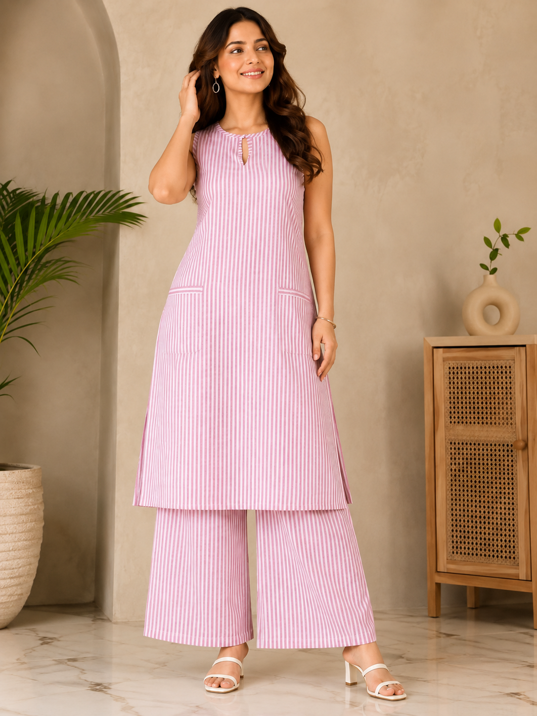 Women’s Cotton Striped Kurta Palazzo Set | Sleeveless Keyhole Neck Top with Pockets