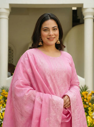 Pink Kantha Work / Chikankari Straight Kurta Set with Dupatta