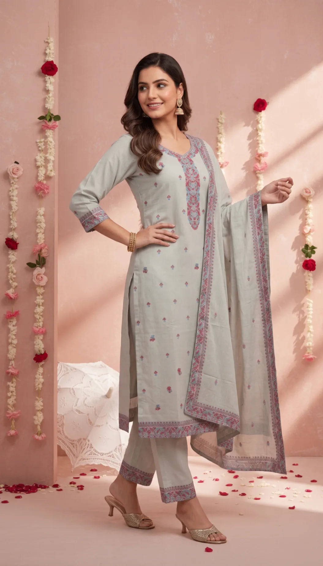 Kashmiri Embroidered Straight Kurta Set with Dupatta