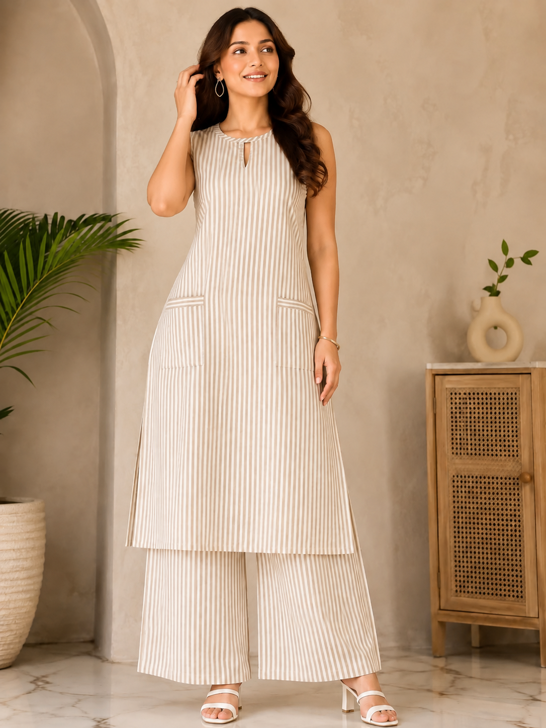Women’s Cotton Striped Kurta Palazzo Set | Sleeveless Keyhole Neck Top with Pockets