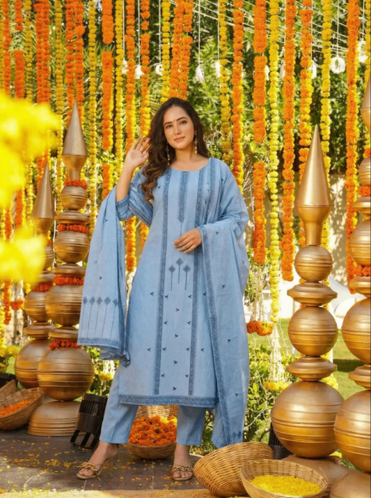 Blue Embroidered Cotton Straight Kurta Set with Dupatta