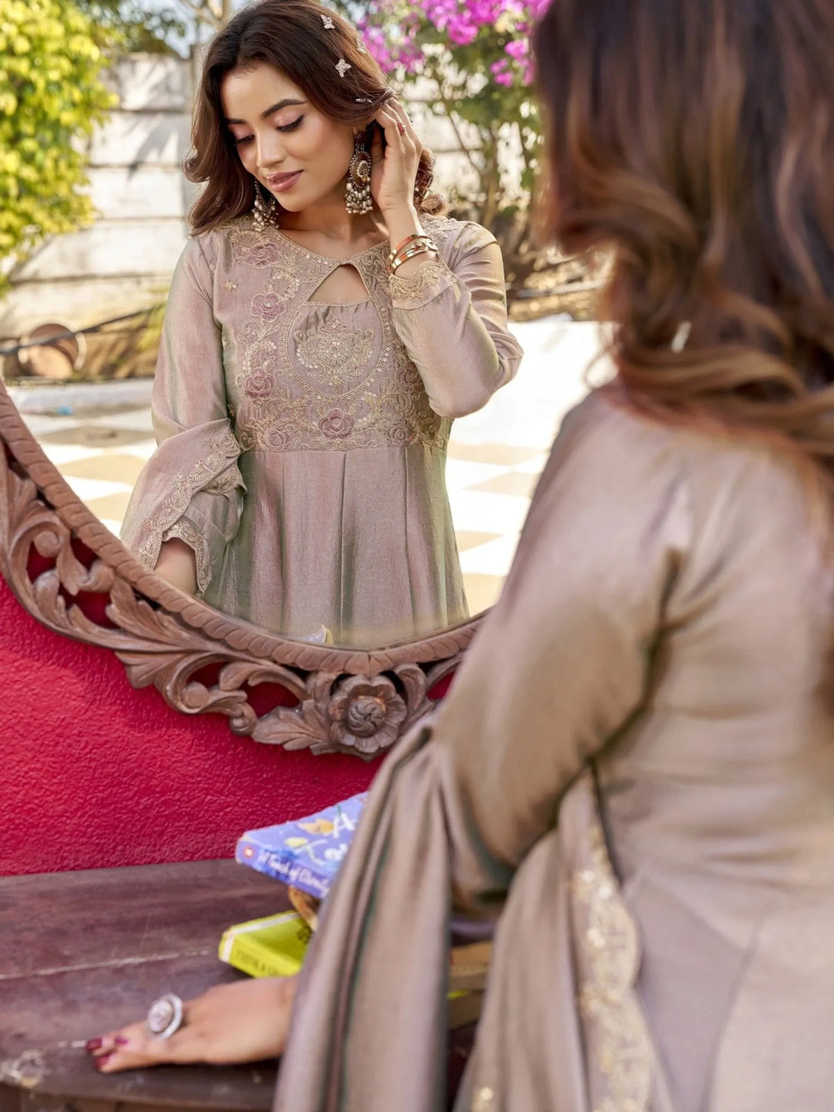 Metallic Taupe Embroidered Anarkali Kurta Set with Scalloped Dupatta