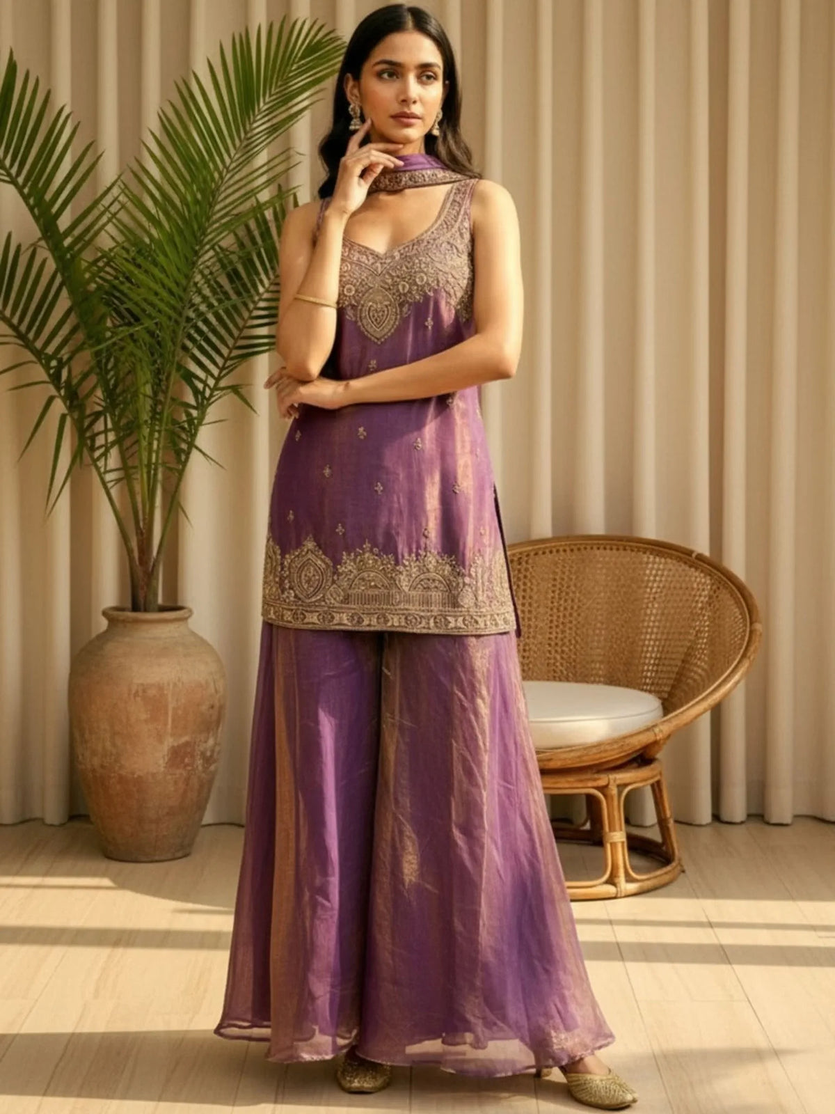 Women’s Ethnic Embroidered Kurta Palazzo Set with Dupatta