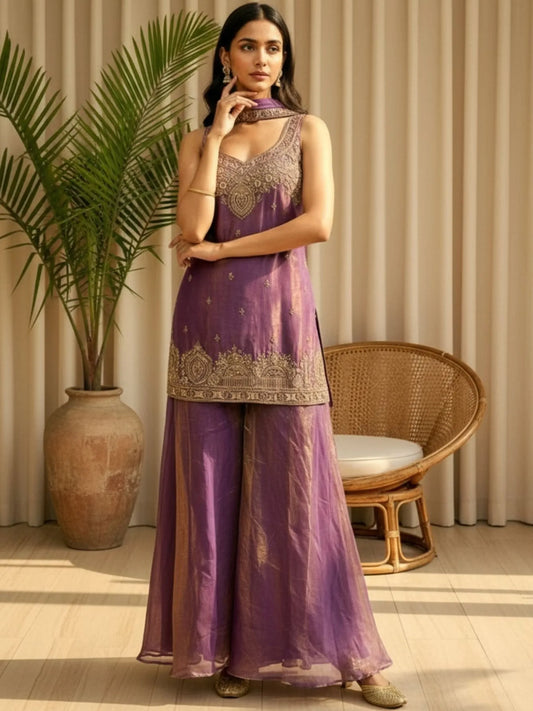Women’s Ethnic Embroidered Kurta Palazzo Set with Dupatta