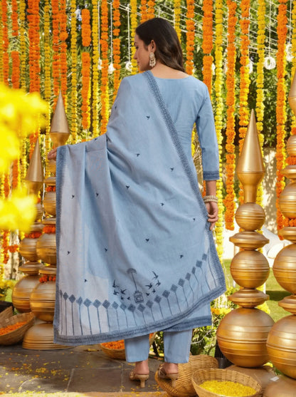 Blue Embroidered Cotton Straight Kurta Set with Dupatta